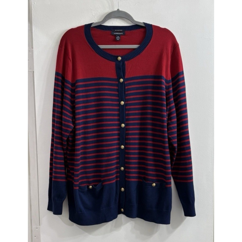 Lands End Womens 2X Cotton Cardigan Red Blue Stripe Gold Button Nautical Preppy